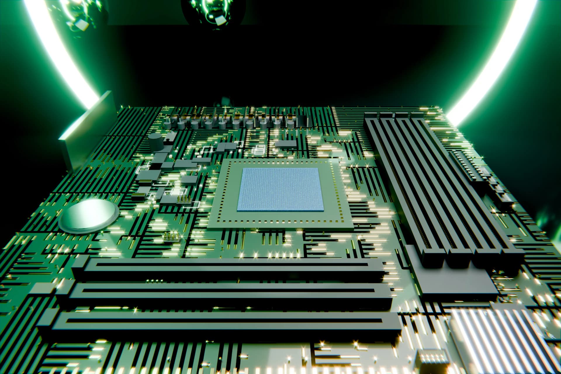 Placa de circuito iluminada representando sistemas de tecnologia