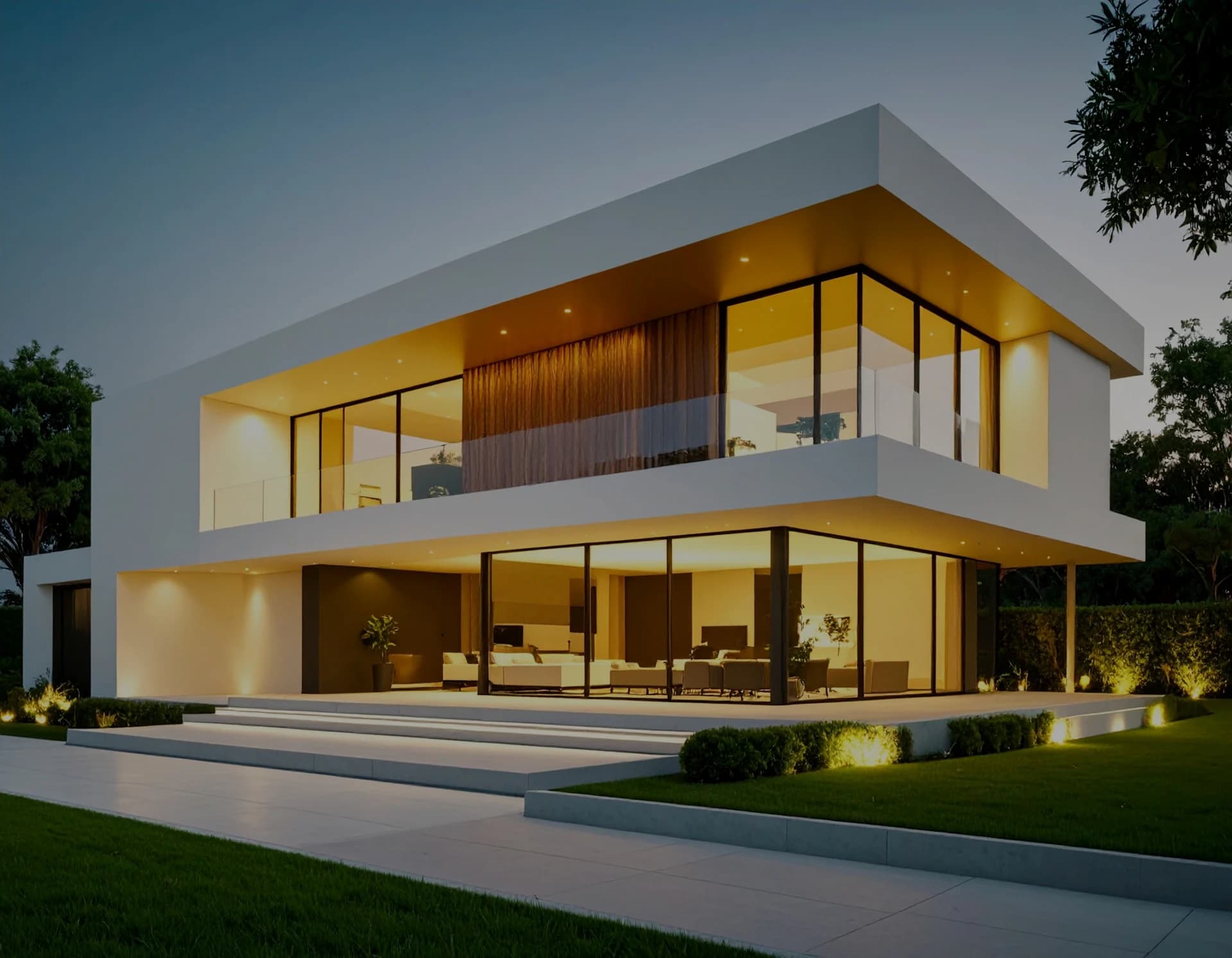 Casa moderna iluminada ao entardecer